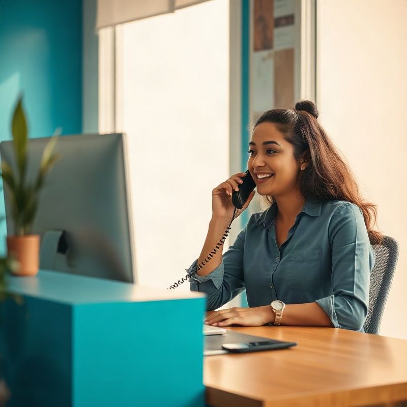 Membro da equipe Lumenhpanda atendendo o telefone no escritório em Fortaleza